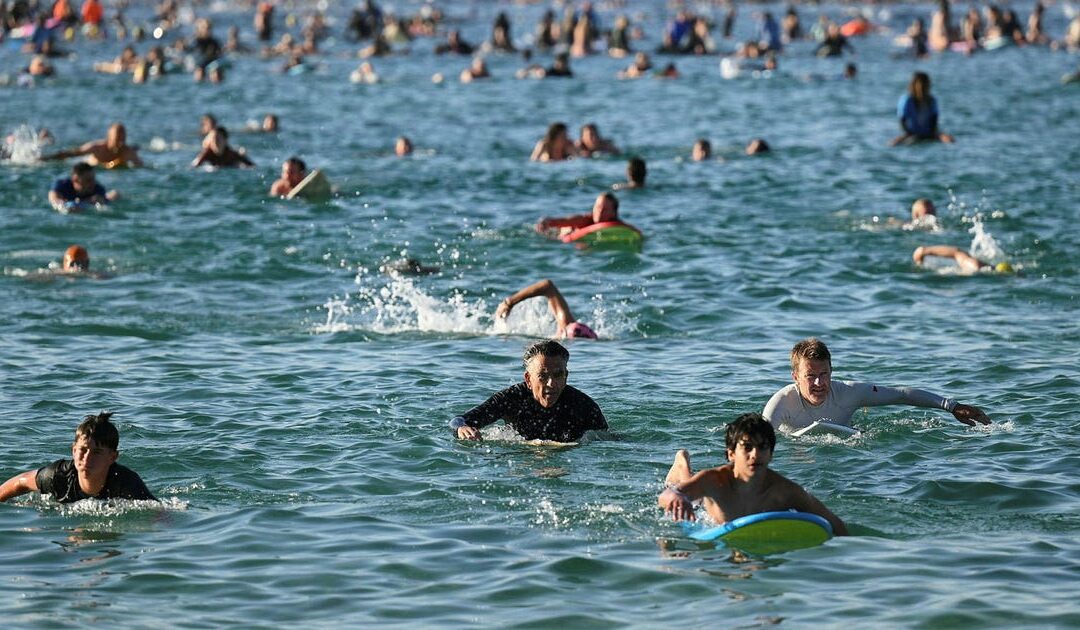 Hundreds of surfers and swimmers paddle out from Bondi Beach in tribute to antisemitic mass shooting victims